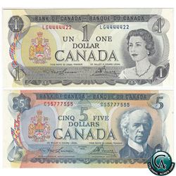 BC-48b 1972 Bank of Canada $5, & BC-46a 1973 $1, Both Lawson-Bouey, S/N: CS5777555 & LG4444422. Both