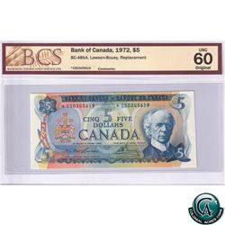 BC-48bA 1972 Bank of Canada Replacement $5, Lawson-Bouey, S/N: *CS0345619 BCS UNC-60 Original