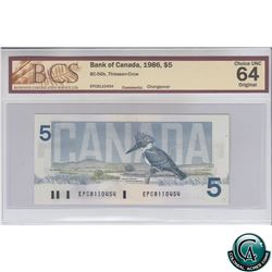 BC-56b 1986 Bank of Canada $5, Changeover, Thiessen-Crow, S/N: EPC8110454 BCS Certified CUNC-64 Orig