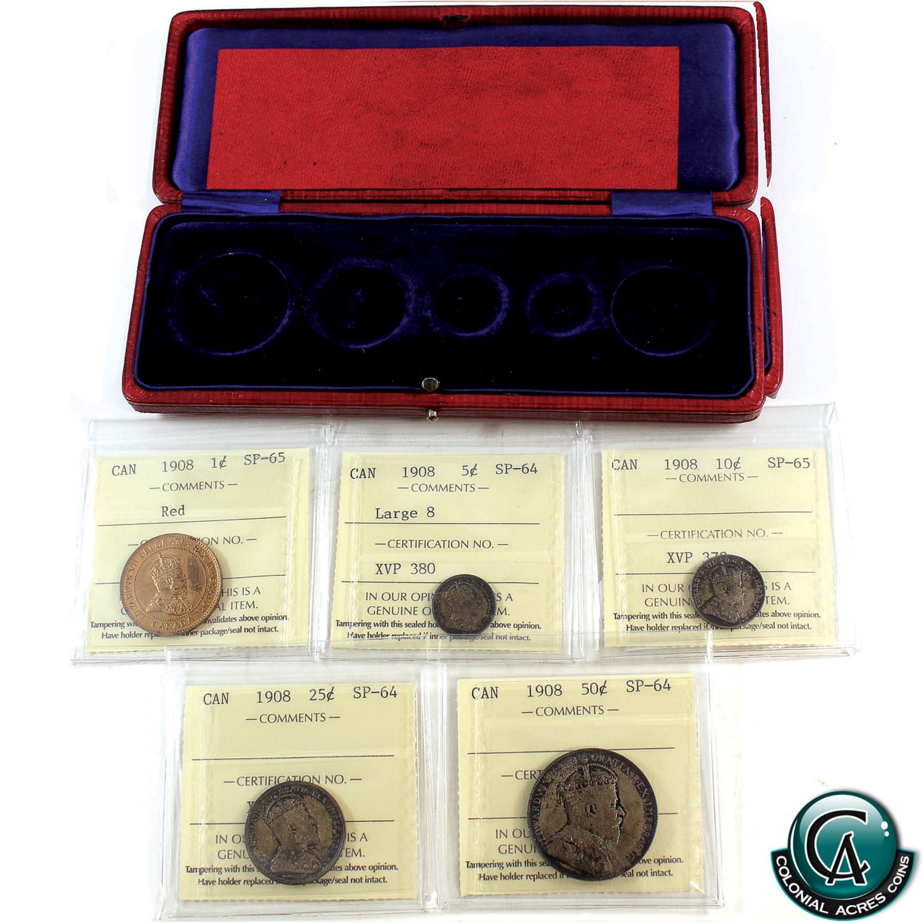1908 Coin Set 1908 5-coin SPECIMEN Set with original 6b Mint Case all ICCS Certified ...