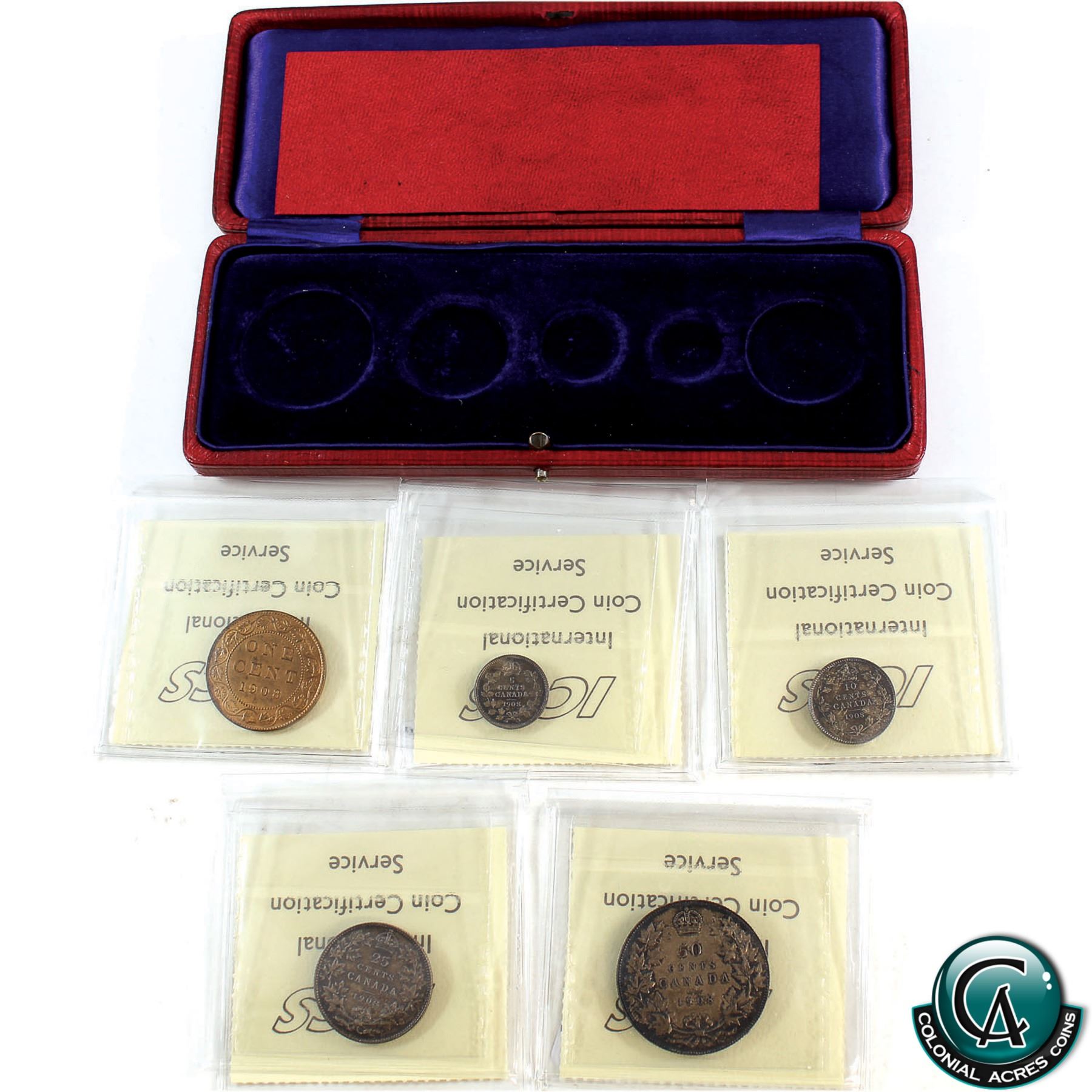 1908 Coin Set 1908 5-coin SPECIMEN Set with original 6b Mint Case all ICCS Certified ...