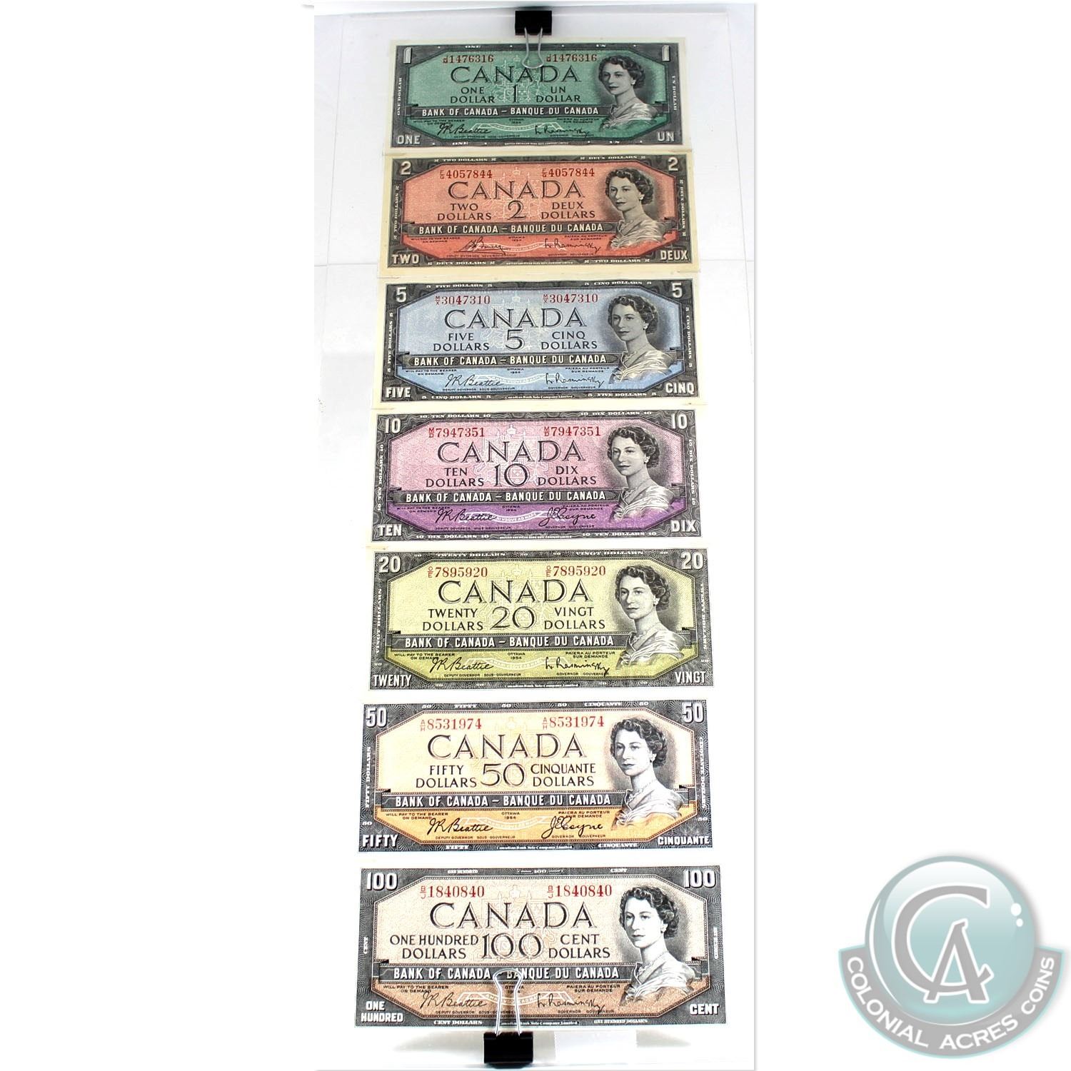 Set of 1954 Canada $1 to $100 Banknote collection in Acrylic Display ...