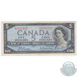 1954 $5 BC-39b, Bank of Canada, Beattie-Rasminsky, Neat Number, Z/S1111127, F-VF (Holes)