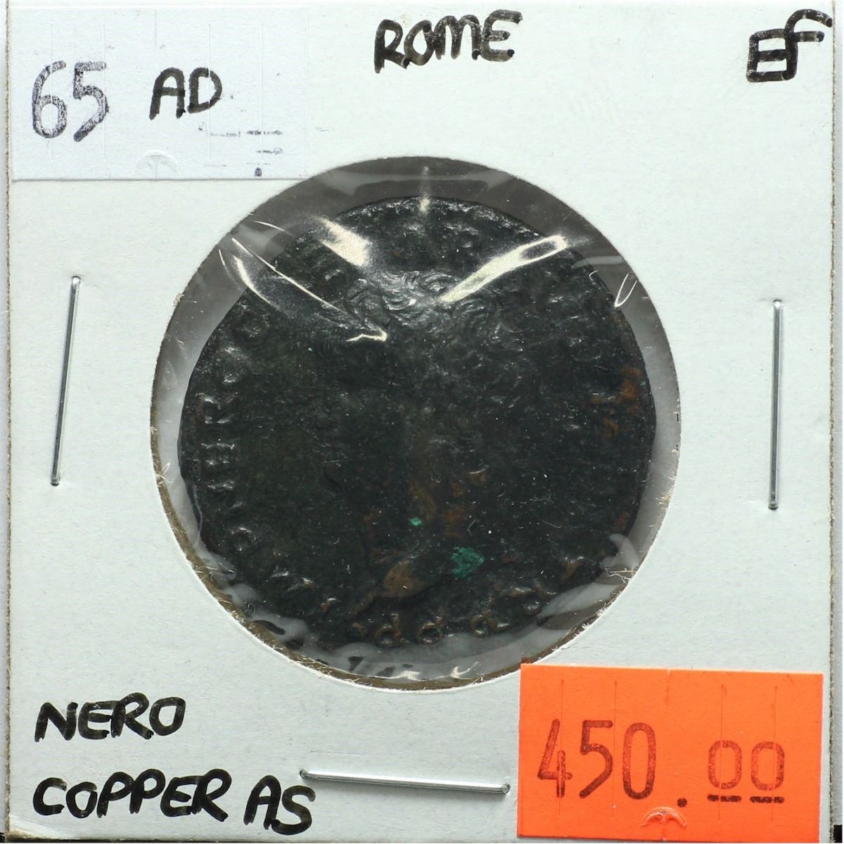Rome 65 AD Copper As; Nero; Victory, SPQR; EF