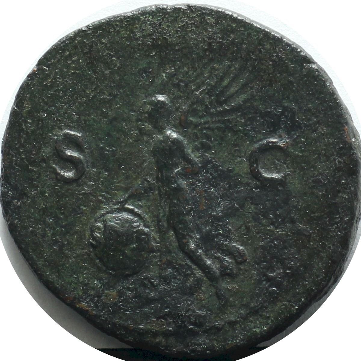 Rome 65 AD Copper As; Nero; Victory, SPQR; EF