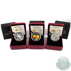Lot of 3x 2014 Canada Maple Leaf Themed Fine Silver Coins - $10 Maple Leaf, $15 Maple of Longevity &
