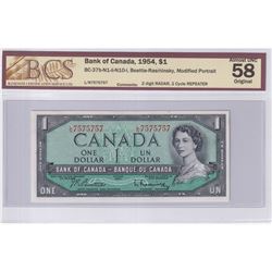 1954 $1 BC-37b-N1-ii-N10-I, Bank of Canada, Beattie-Rasminsky, S/N: L/N7575757, 2 Digit RADAR, 2 Cyc