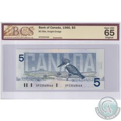 1986 $5 BC-56e, Bank of Canada, Knight-Dodge, S/N: GPZ3365466, BCS Certified GUNC-65 Original