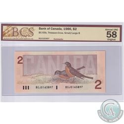 1986 $2 BC-55b, Thiessen-Crow, Small/Large B, S/N: BGJ0163897, BCS Certified AU-58 Original