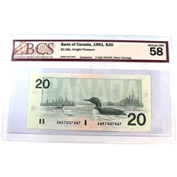 1991 $20 BC-58c, Knight-Thiessen, 2 Digit RADAR, S/N: AWK7447447, BCS Certified AU-58 (Water Damage)