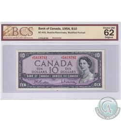1954 $10 BC-40b, Beattie-Rasminsky, Modified Portrait, S/N: J/V5418782, BCS Certified CUNC-62 Origin