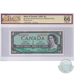 1954 $1 BC-37bA-I, Bank of Canada, Beattie-Rasminsky, Modified Portrait, S/N: *B/M3094858, Replaceme