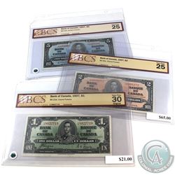 1937 $1, $2 & $5 Bank of Canada Notes BCS Certified. You will receive $1 BC-21d Coyne-Towers S/N: U/