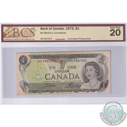 1973 $1 BC-46b-E1-vi, Crow-Bouey, Incomplete Printing, S/N: AML9307203, BCS Certified VF-20 (Hole)