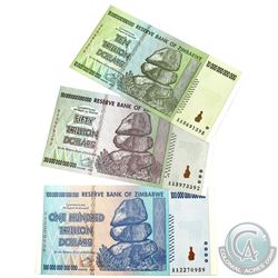 2008 Zimbabwe Hyperinflationary Banknotes. You will receive 10, 50 & 100 Trillion Dollar Notes. 3pcs