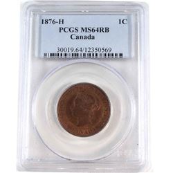 1-cent 1876H PCGS Certified MS-64 RB. Coin contains a deep cherry red glow with hints of blue and vi