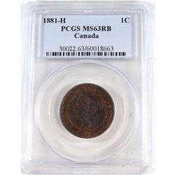 1-cent 1881H PCGS Certified MS-63 RB. Coin contains consistent red tones with lustrous tones through