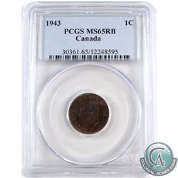 1-cent 1943 PCGS Certified MS-65 RB. Coin contains attractive olive green, and violet tones.