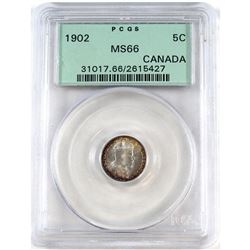 5-cent 1902 PCGS Certified MS-66. Coin contains bull's-eye toning of gold and violet.