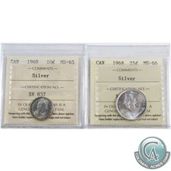 1968 Canada 10-cent Silver ICCS Certified MS-65 & 1968 25-cent Silver MS-66. 2pcs