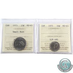 1975 Canada 10-cent ICCS Certified MS-65 & 1973 25-cent Small Bust MS-65. 2pcs