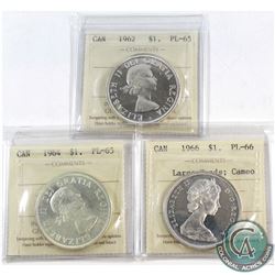 1962 Canada Silver $1 ICCS Certified PL-65, 1964 Silver $1 PL-65 & 1966 Silver $1 Large Beads PL-66 