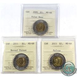 2009, 2011 Boreal Forest & 2015 McCrae Canada $2 ICCS Certified MS-66. 3pcs