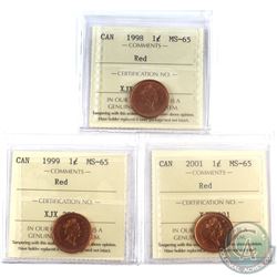 1998, 1999, 2001 Canada 1-cent ICCS Certified MS-65 Red. 3pcs.