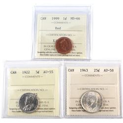 1999 Canada 1-cent MS-66 Red, 1922 Canada 5-cent AU-55, 1943 Canada 25-cent AU-58. All coins have be