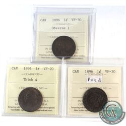 1886 Canada 1-cent Obverse 1 ICCS Certified VF-30, 1894 1-cent Thick 4 VF-20 & 1896 1-cent Far 6 VF-