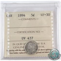 1894 Canada 5-cent ICCS Certified VF-30