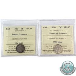 1910 Canada 5-cent Round Leaves ICCS Certified VF-20 & 1910 5-cent Pointed Leaves AU-55. 2pcs