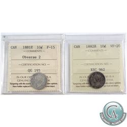 1881H Canada 10-cent Obverse 2 ICCS Certified F-15 & 1882H 10-cent VF-20. 2pcs