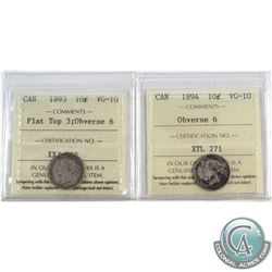 1893 Canada 10-cent Flat Top 3 Obverse 6 & 1894 10-cent Obverse 6 ICCS Certified VG-10. 2pcs