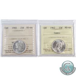 1960 Canada 25-cent ICCS Certified MS-64 & 1962 25-cent MS-64 Cameo. 2pcs