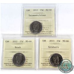 2012 Canada 25-cent Tecumseh Colour, 2012 Brock & 2013 Salaberry ICCS Certified MS-66. 3pcs