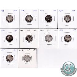 Estate Lot of 10x 1919-1945 USA Mercury Dimes in 2x2's. 10pcs