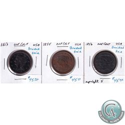1853, 1854 & 1856 USA Braided Hair Pennies. 3pcs