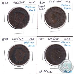 1817, 1818, 1820 Large Date & 1822 USA Matron Head Pennies. 4pcs