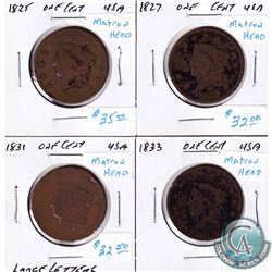 1825, 1827, 1831 & 1833 USA Matron Head Pennies. 4pcs