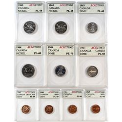 Estate Lot of 1962-1967 Canada 1-cent, 5-cent & 10-cent ACG Certified PL-68 to PL-70, two coins with