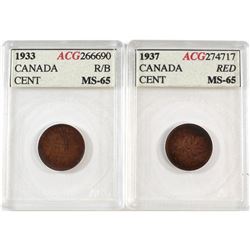 1-cent Canada 1933 RB & 1937 ACG Certified MS-65. 2pcs