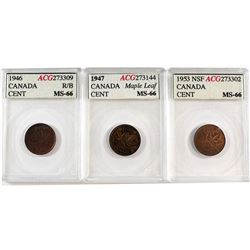 1946 RB, 1947 Maple Leaf & 1953 NSF Canada 1-cent ACG Certified MS-66. 3pcs