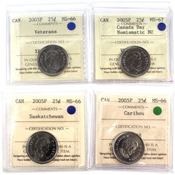 4x 2005P Canada 25-cent ICCS Certified - 2005P Veterans, 2005P Canada Day MS-67 NBU, 2005P Saskatche