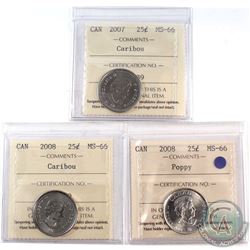 2007, 2008 & 2008 Poppy Canada 25-cent ICCS Certified MS-66. 3pcs