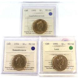 Loon $1 1992 Confederation, 1994 Remembrance, 1995 Loon All ICCS Certified MS-66  3pcs.