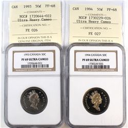 1993 & 1994 Canada 50-cent Cross Graded NGC Certified PF-69 Ultra Heavy Cameo & ICCS Certified PF-68