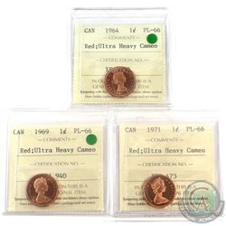 1964,1969 & 1971 Canada 1-cent ICCS Certified PL-66 Ultra Heavy Cameo.  3pcs