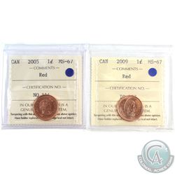 2005 & 2009 Canada 1-cent ICCS Certified MS-67 Red. 2pcs