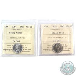 1964 Heavy Cameo & 1969 Small Date Canada 10-cent ICCS Certifed MS-66. 2pcs